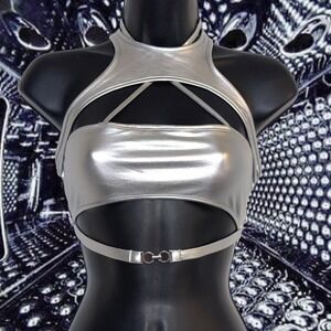 New XS Silver Metallic Cutout Halter Crop Top Rave Festival Bralette Y2k